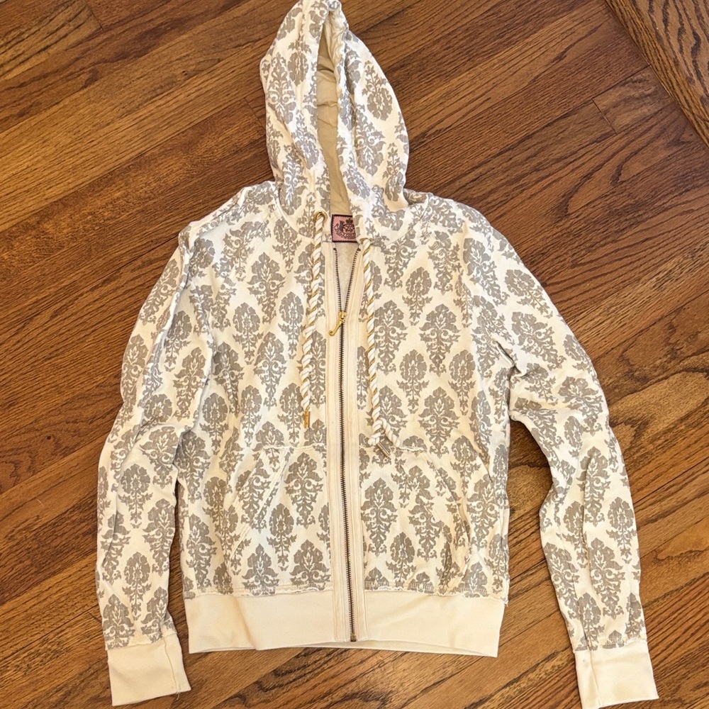 Juicy Couture Patterned Cream/Gold/Grey Zip Hoodie in Size L Large